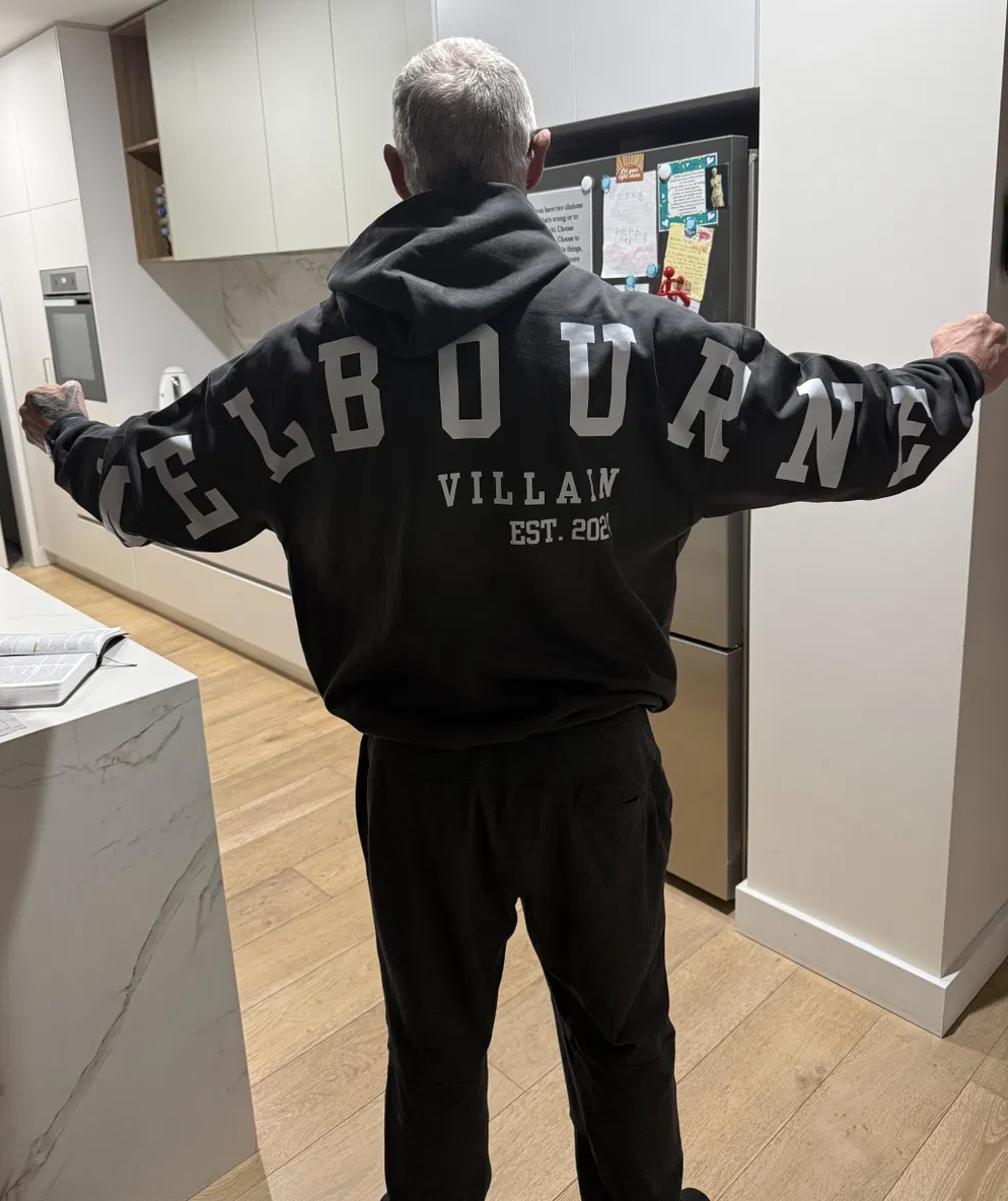 Customer Brett wearing the Melbourne Patriot hoodie